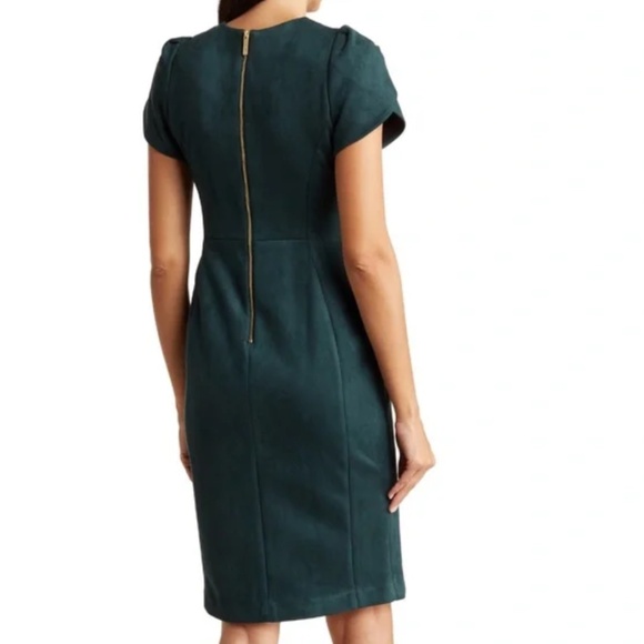 Calvin Klein Faux Suede Tulip Sleeve Sheath Dress - Teal Size 14 - Picture 2 of 10